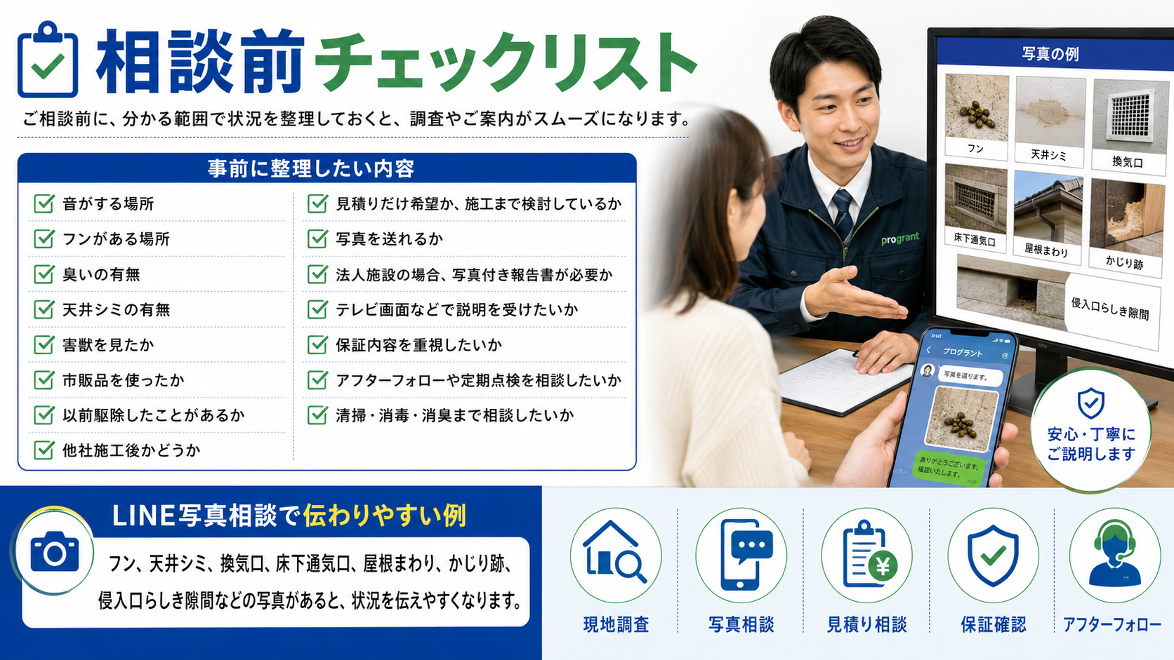 害獣駆除の相談前に確認したい音・フン・臭い・天井シミ・侵入口らしき隙間・市販品使用歴・他社施工後の状況を整理し、LINE写真相談で伝えやすいポイントを解説