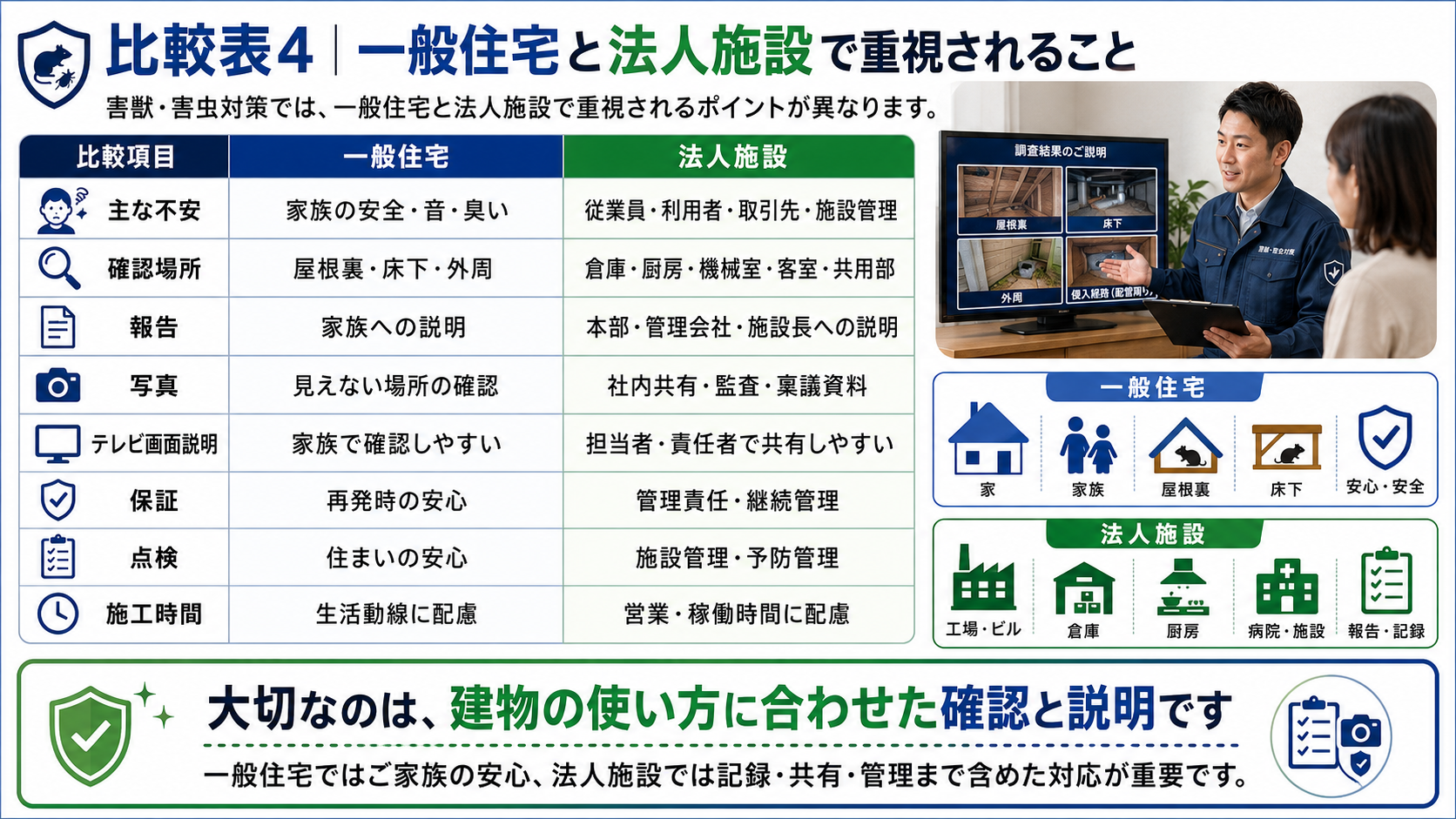 害獣駆除・害虫駆除で一般住宅と法人施設が重視するポイントを比較し、屋根裏・床下・倉庫・厨房・客室・共用部の確認や写真付き報告・保証・点検の重要性を解説