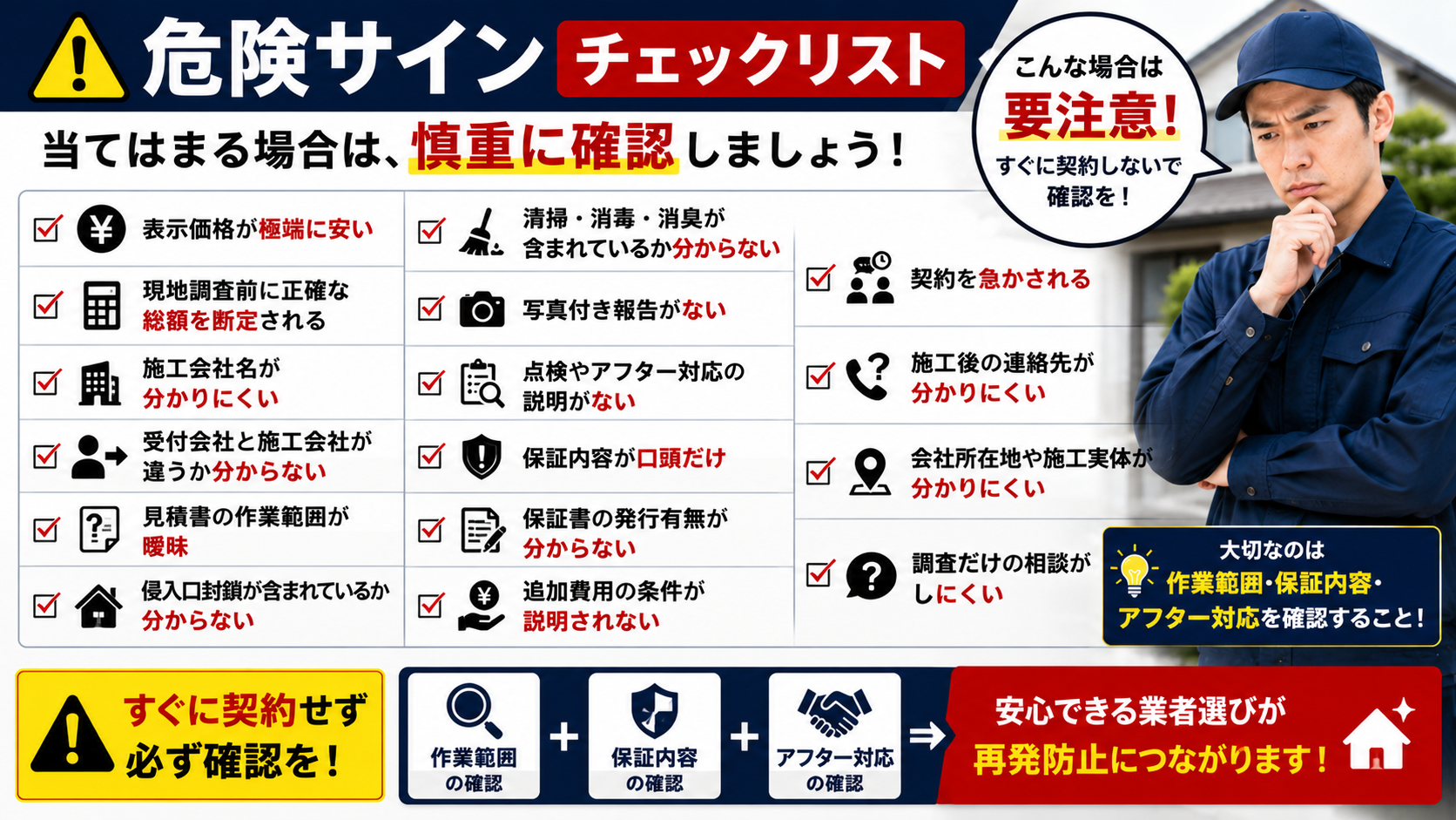 害獣駆除の契約前に確認すべき危険サインとして、料金の安さだけで判断せず、作業範囲・侵入口封鎖・清掃消毒・写真付き報告・保証書・アフター対応・追加費用条件を確認するチェックリスト