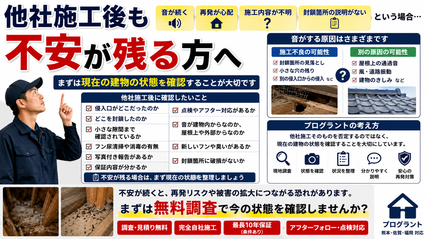 害獣駆除の他社施工後に音が続く・再発が心配な場合の確認ポイントと、侵入口・封鎖箇所・フン尿・臭い・保証内容を再確認するプログラントの無料調査対応