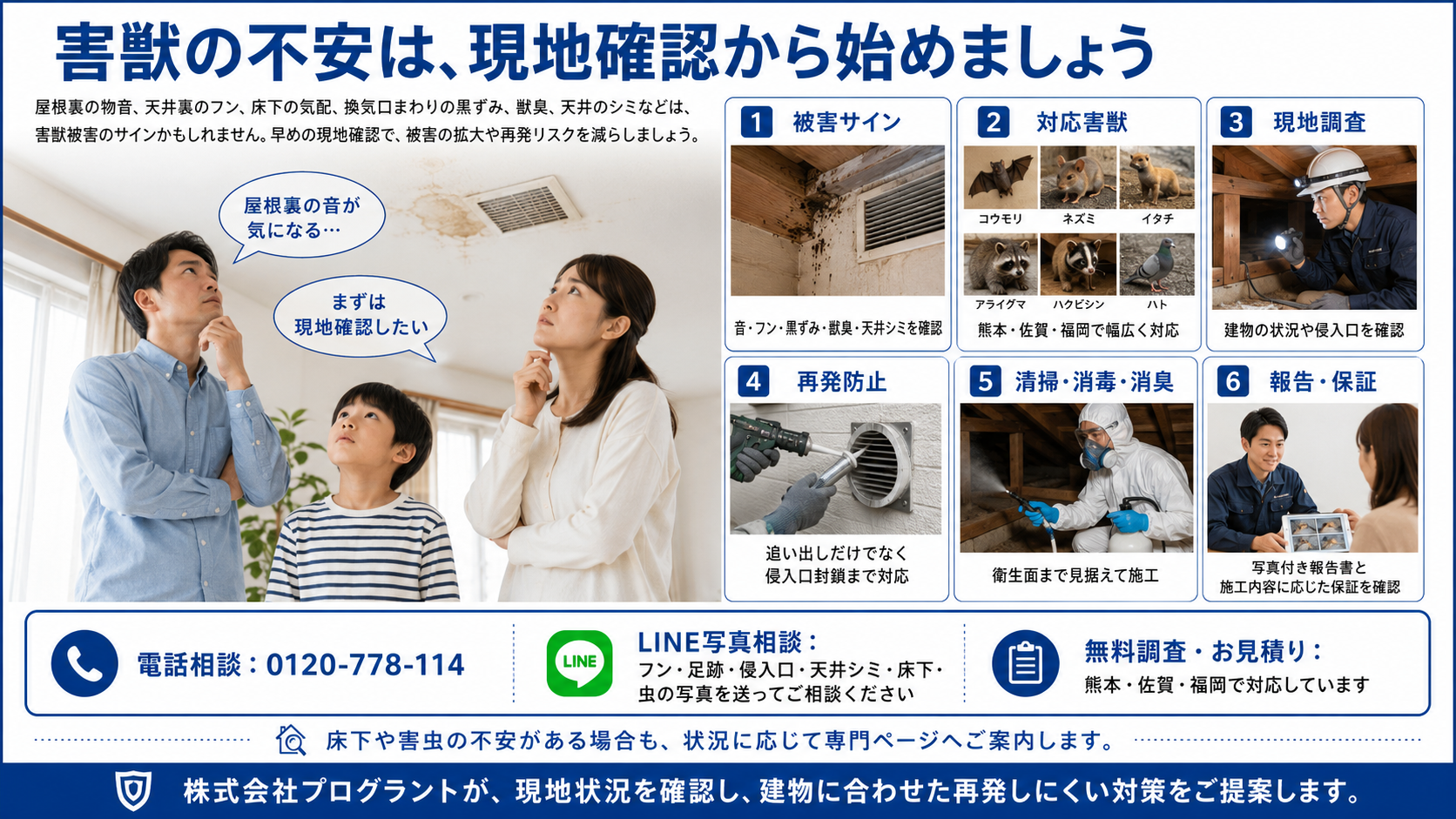 害獣の不安は現地確認から始めることを案内する写真解説画像。屋根裏の音、天井裏のフン、床下の気配、換気口の黒ずみ、獣臭、天井シミなどの被害サインと、現地調査・侵入口封鎖・清掃消毒・報告保証までの対応内容を紹介