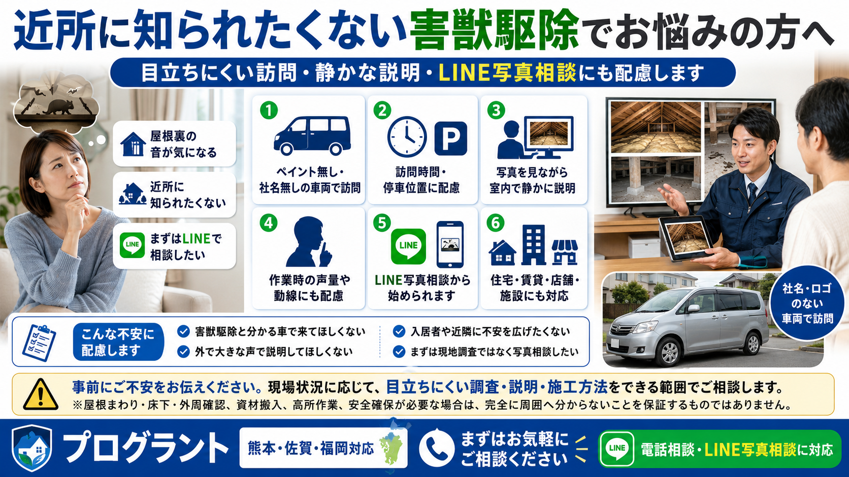害獣駆除を近所に知られたくない方へ、熊本・佐賀・福岡対応のプログラントが目立ちにくい訪問、写真を使った室内説明、LINE写真相談、住宅・賃貸・店舗・施設対応を解説