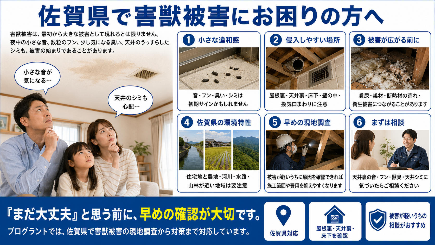 佐賀県で害獣被害にお困りの方向けの写真解説画像。小さな物音やフン、臭い、天井シミなどの初期サイン、侵入しやすい場所、被害が広がる前の現地調査の重要性を分かりやすく紹介