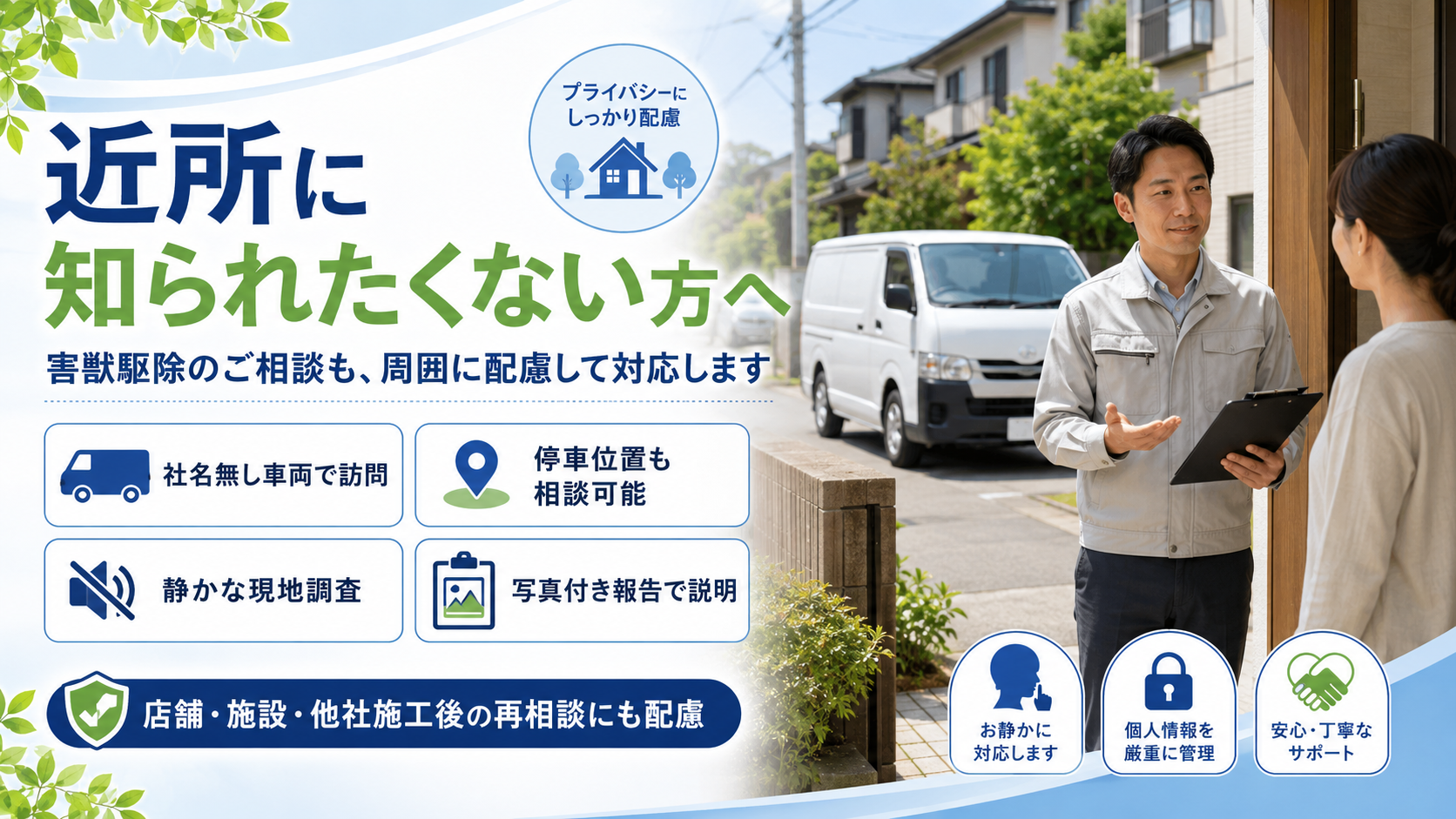 alt="近所に知られず害獣駆除を相談したい方へ社名無し車両と静かな現地調査で対応するプログラント"