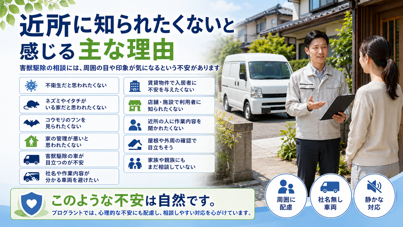 alt="近所に知られたくない害獣駆除相談の不安と社名無し車両・停車位置・静かな現地調査の配慮"