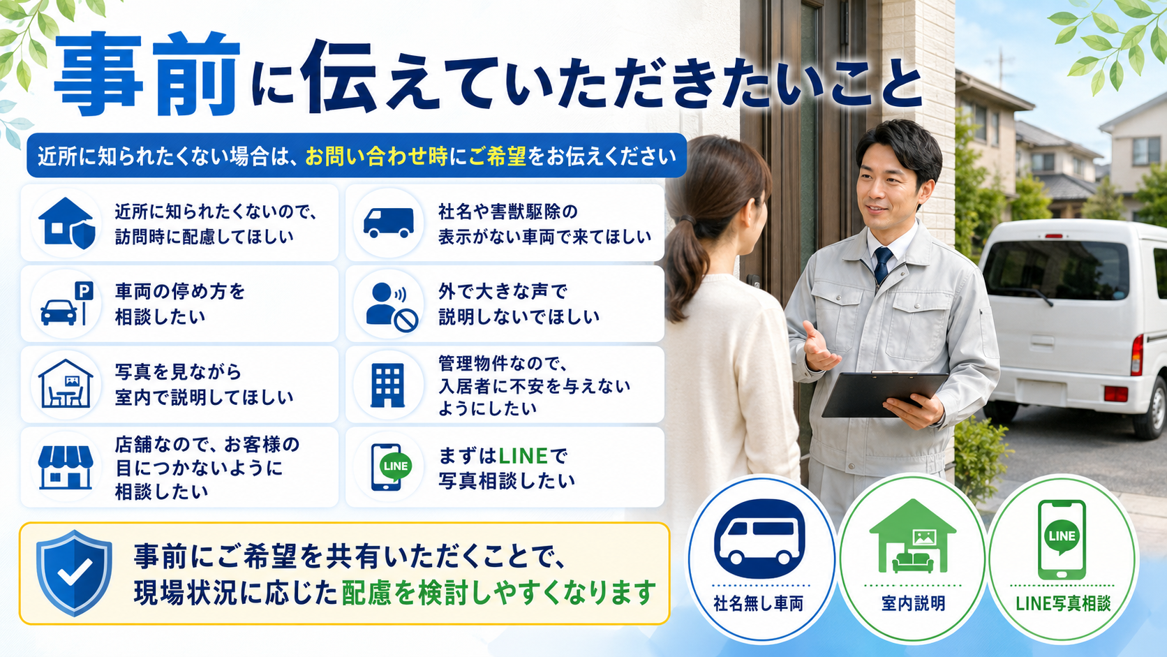 alt="近所に知られたくない害獣駆除で社名無し車両や停車位置、室内説明、LINE写真相談を事前に伝える方法"