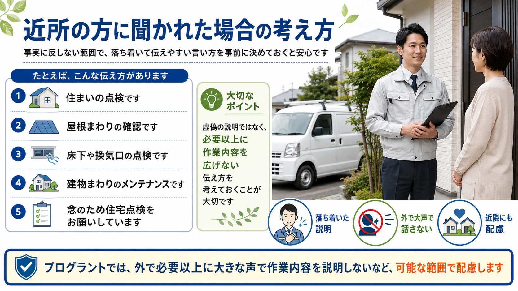 alt="害獣駆除の現地調査中に近所の方から聞かれた場合の説明方法とプログラントの近隣配慮対応"
