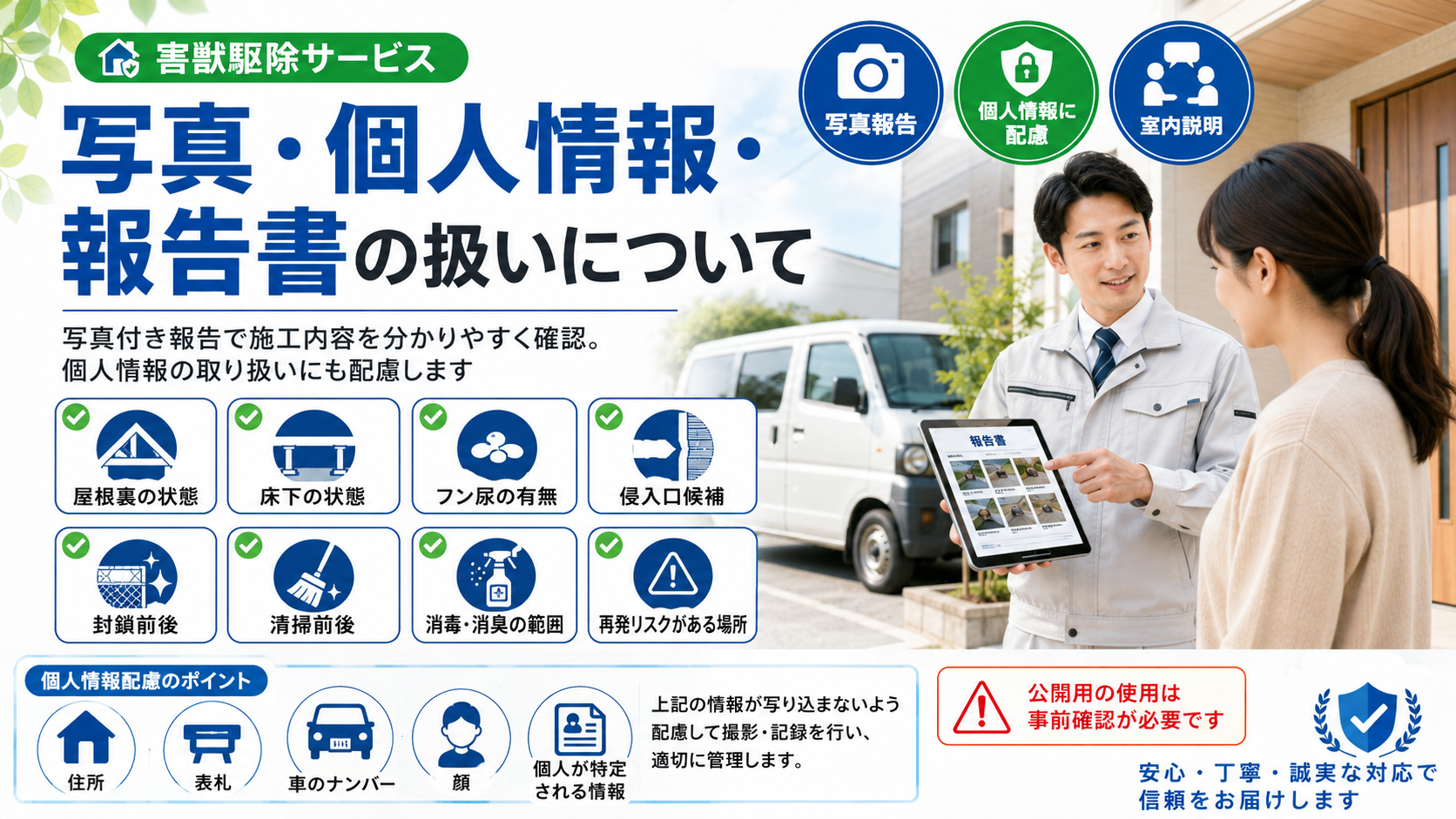 alt="プログラントの害獣駆除で写真付き施工報告書を使い施工内容を確認し個人情報の取り扱いにも配慮する説明画像"