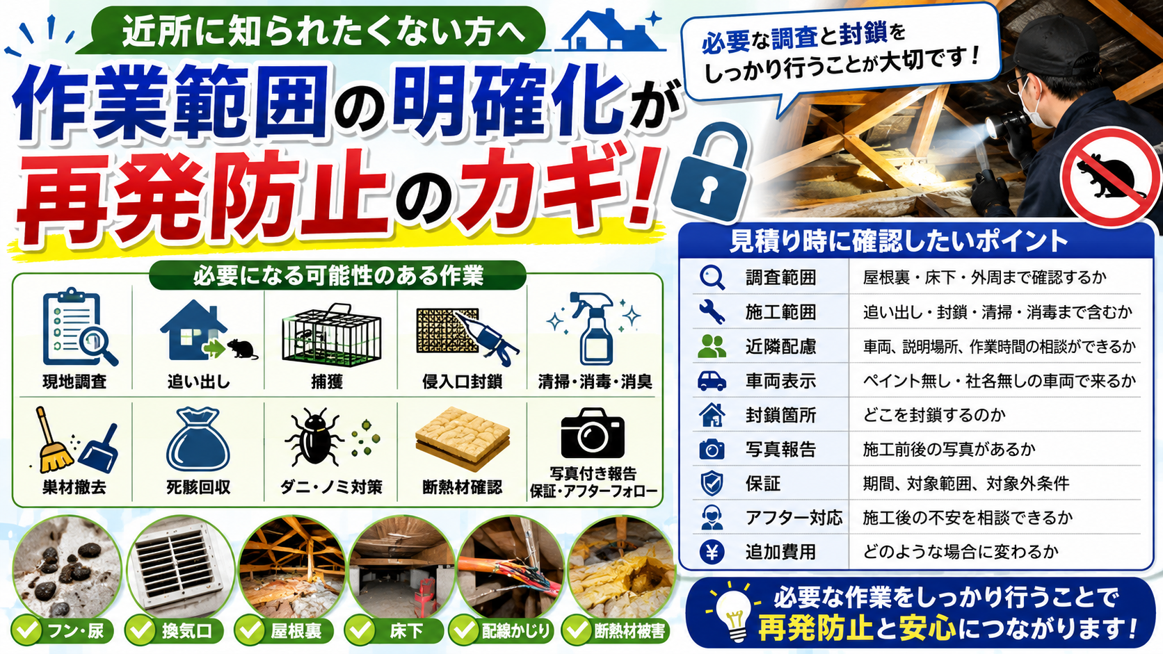 alt="害獣駆除の作業範囲を明確化し、侵入口封鎖・フン尿清掃・消毒・写真報告・保証説明を確認するプログラント"