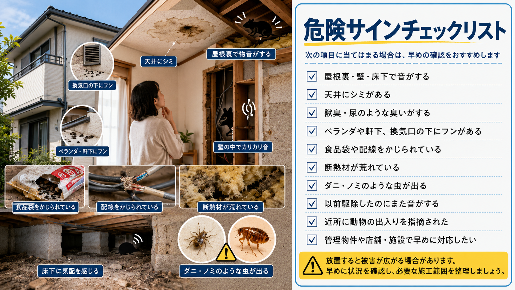 害獣被害の危険サインチェックリスト｜屋根裏の物音・天井のシミ・フン・獣臭・配線被害の確認ポイント