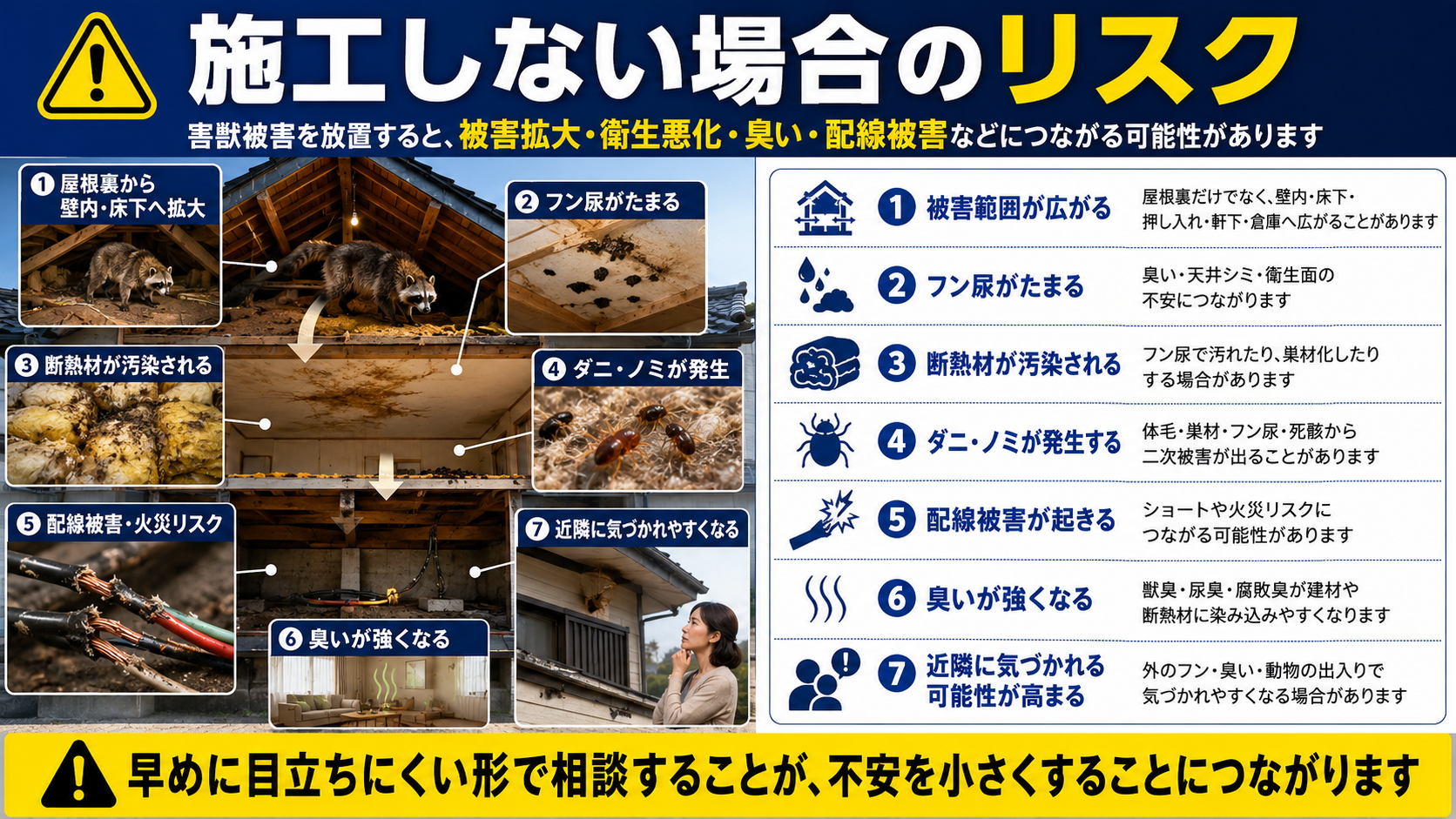 害獣被害を放置するリスク解説｜屋根裏から壁内・床下への被害拡大、フン尿、臭い、断熱材汚染、配線被害の確認ポイント