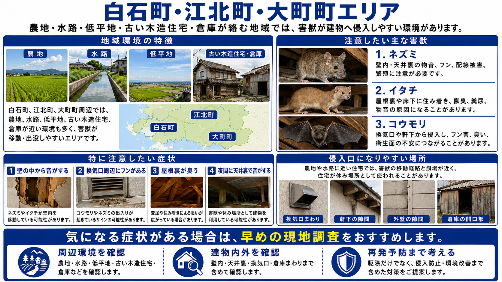 白石町・江北町・大町町の害獣駆除対策として、壁の中の音・換気口周辺のフン・屋根裏の臭いとネズミ・イタチ・コウモリ被害を解説した画像