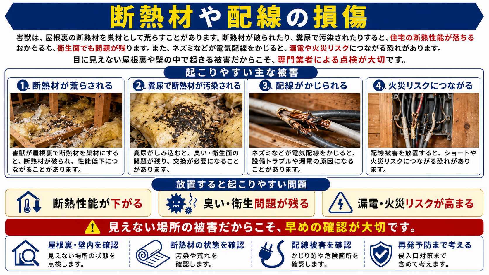 屋根裏や壁内の害獣被害による断熱材の荒れ・糞尿汚染・配線損傷・漏電火災リスクと早期点検の重要性を解説した画像