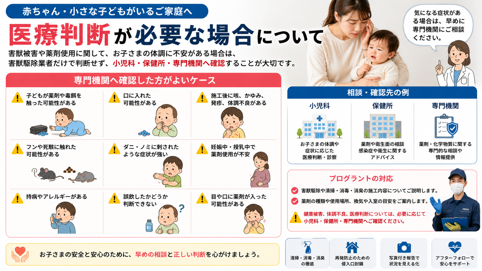 赤ちゃんや小さな子どもがいる家庭の害獣駆除で医療判断が必要なケース｜薬剤接触・誤飲・フン接触・体調不良時の相談先