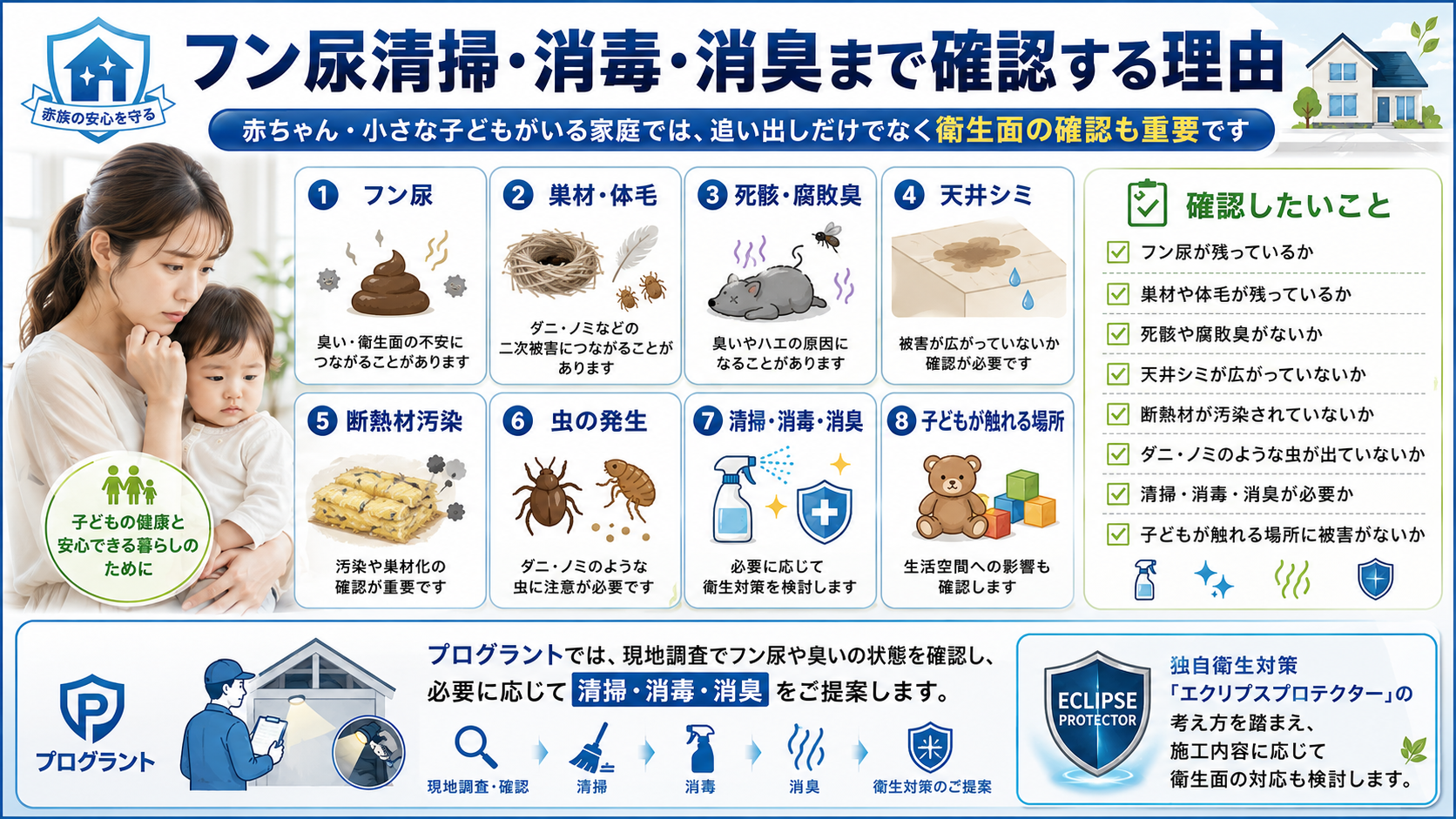 赤ちゃんや小さな子どもがいる家庭の害獣駆除で重要なフン尿清掃・消毒・消臭・衛生対策の確認ポイント