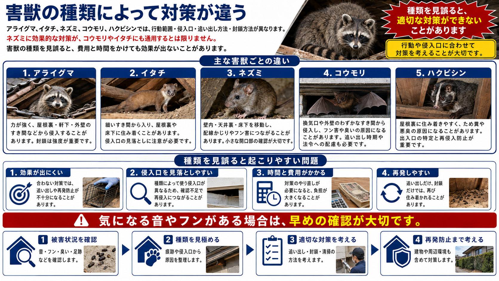 害獣駆除対策ではアライグマ・イタチ・ネズミ・コウモリ・ハクビシンごとに行動範囲・侵入口・追い出し方法・