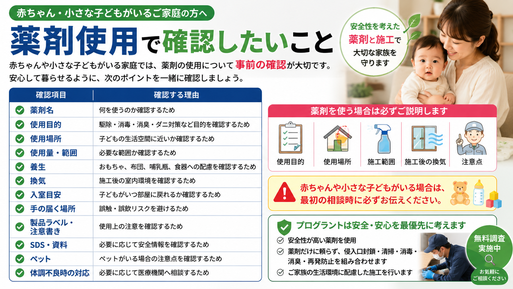 赤ちゃんや小さな子どもがいる家庭の害獣駆除で確認したい薬剤名・使用目的・使用場所・換気・入室目安