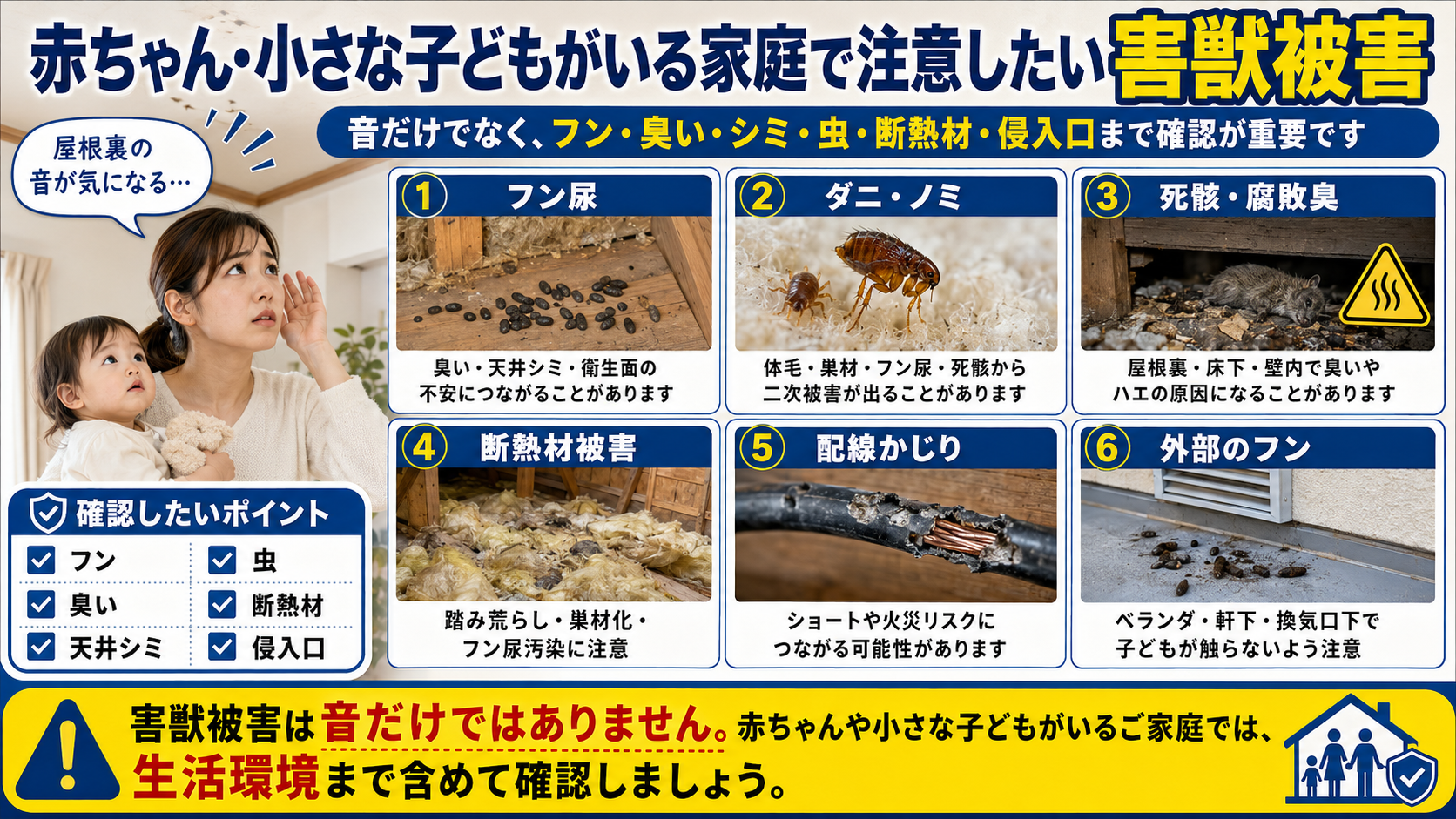 赤ちゃんや小さな子どもがいる家庭向け害獣被害の注意点｜屋根裏の音・フン尿・ダニノミ・死骸・断熱材汚染・配線被害を解説