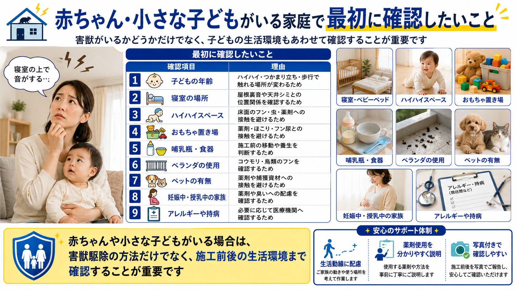 赤ちゃんや小さな子どもがいる家庭の害獣駆除前チェック｜寝室・ハイハイスペース・おもちゃ・哺乳瓶・薬剤配慮を確