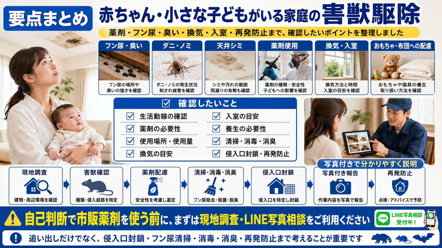 赤ちゃんや小さな子どもがいる家庭向け害獣駆除の要点まとめ｜薬剤使用・フン尿・臭い・ダニノミ・換気・侵入口封鎖を解説