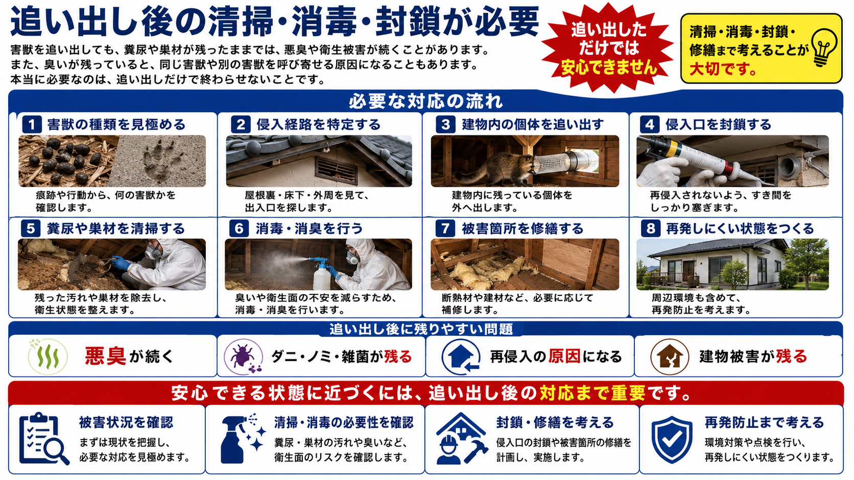 害獣駆除後に必要な侵入経路の特定、追い出し、侵入口封鎖、糞尿や巣材の清掃、消毒、修繕、再発防止対策を解説した画像