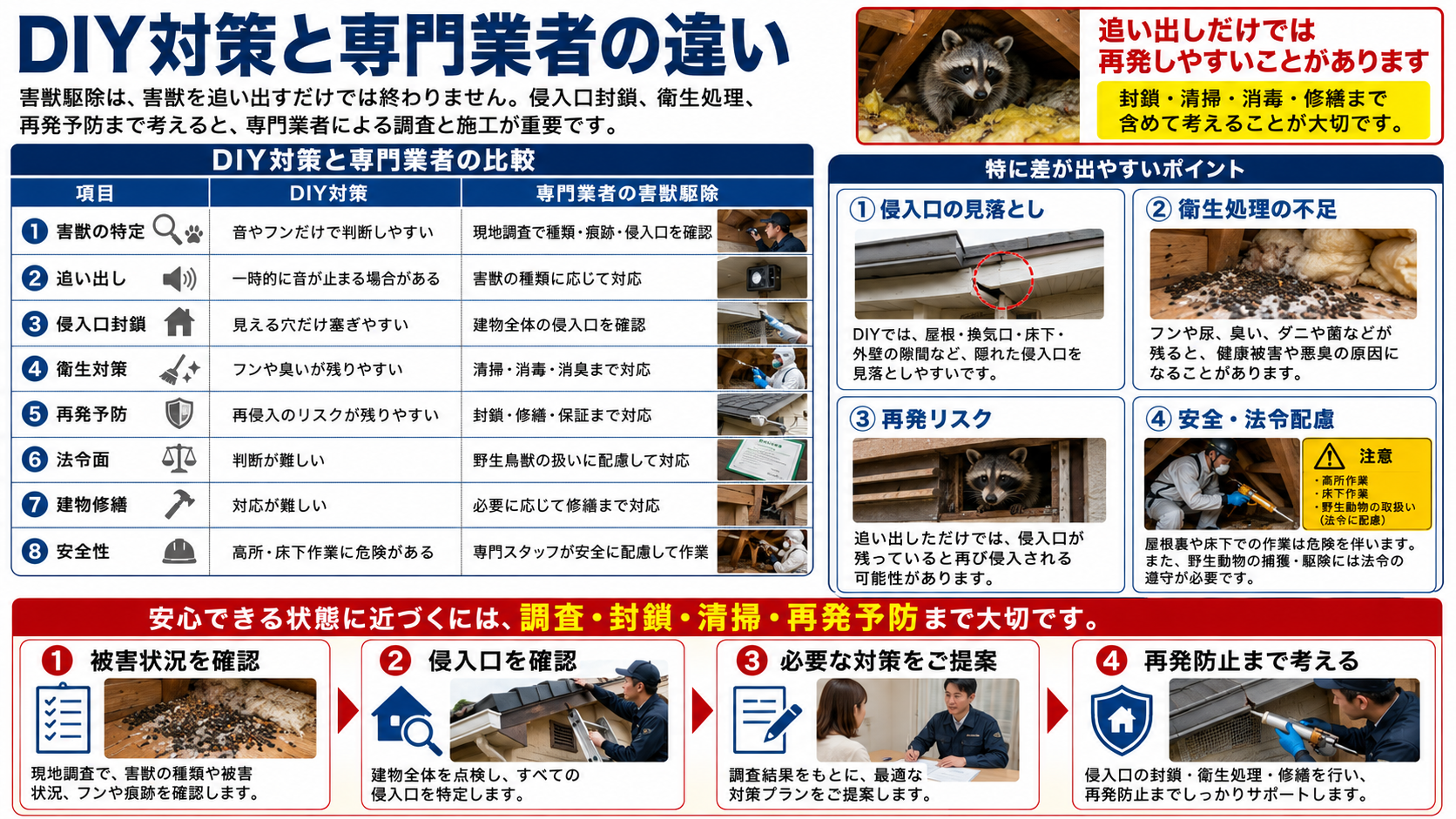 害獣駆除におけるDIY対策と専門業者の違いについて、害獣の特定・追い出し・侵入口封鎖・清掃消毒・再発予防・法令配慮を比較解説した画像