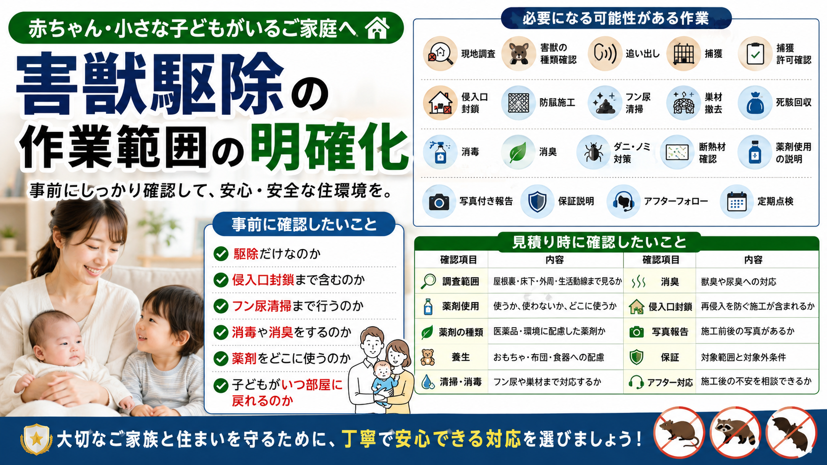 赤ちゃん・小さな子どもがいる家庭向けに害獣駆除の作業範囲、薬剤使用、侵入口封鎖、フン尿清掃、消毒、写真報告、保証確認を解説したサムネイル画像