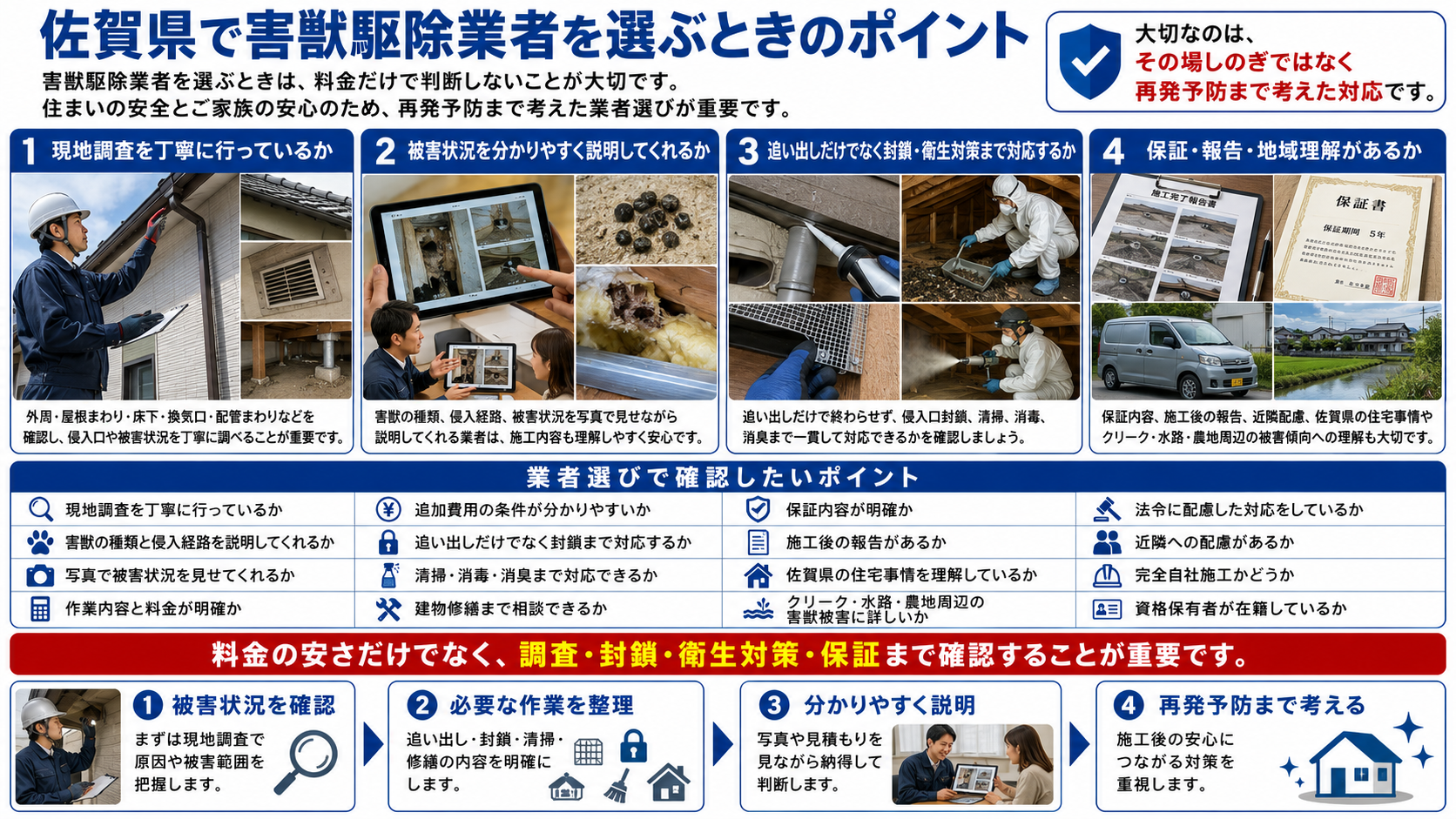 佐賀県の害獣駆除業者選びで重要な現地調査、被害状況の説明、追い出しだけでなく封鎖・清掃消毒・保証対応・地域理解まで確認するポイントを解説した画像
