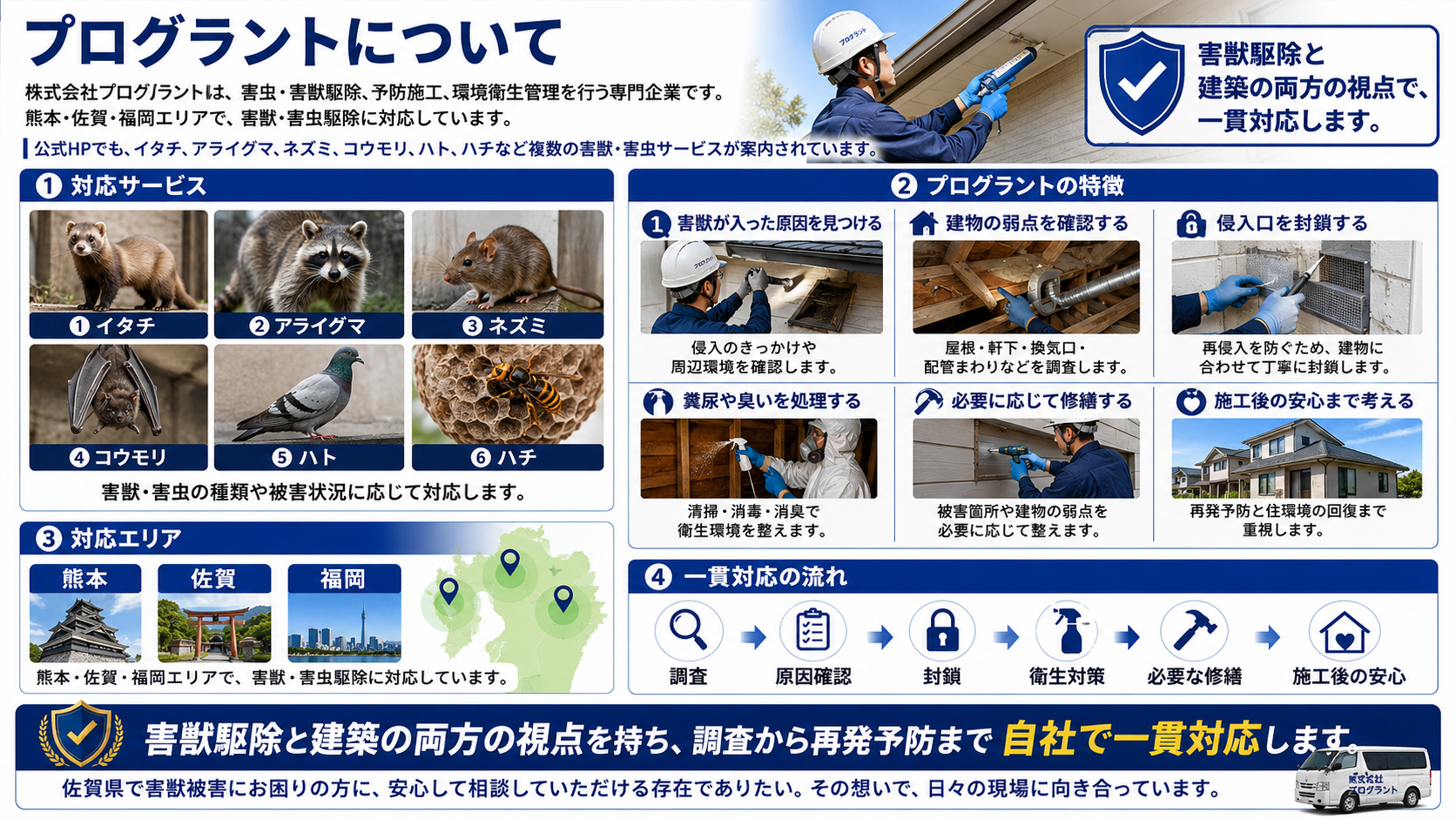 プログラントの害獣駆除サービス概要として、イタチ・アライグマ・ネズミ・コウモリ・ハト・ハチ対応、侵入口封鎖、清掃消毒消臭、修繕、熊本・佐賀・福岡対応を解説した画像