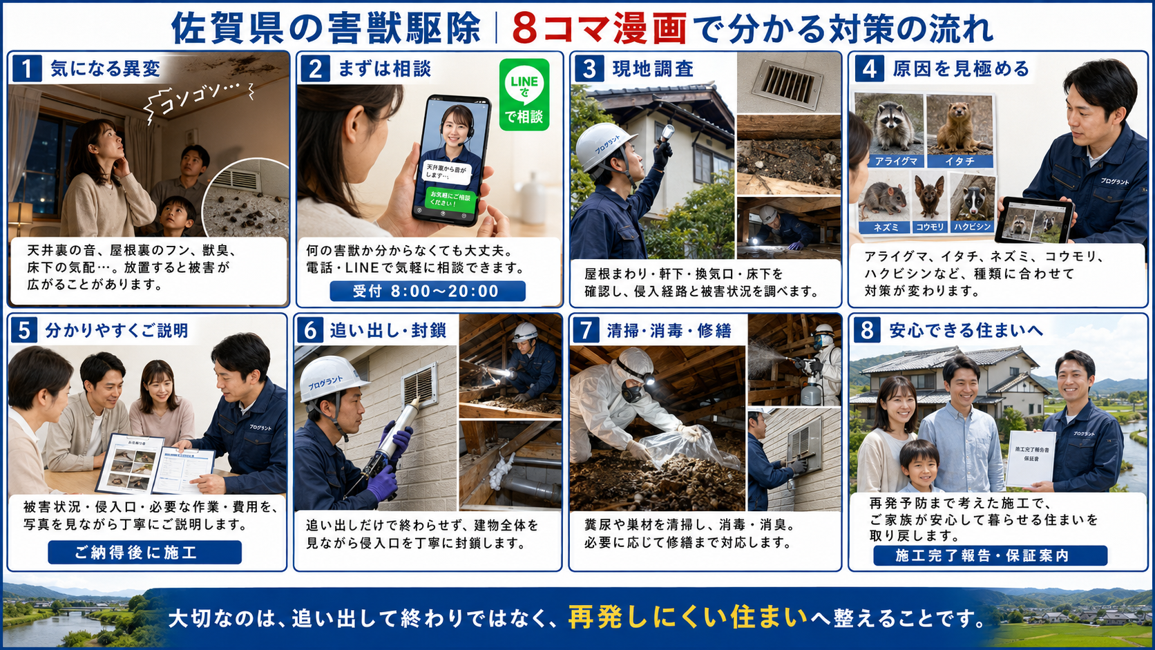 佐賀県の害獣駆除で、天井裏の音・屋根裏のフン・獣臭などの異変から、プログラントへの相談、現地調査、害獣の種類確認、追い出し、侵入口封鎖、清掃消毒修繕、再発予防までを8コマ漫画で解説した画像
