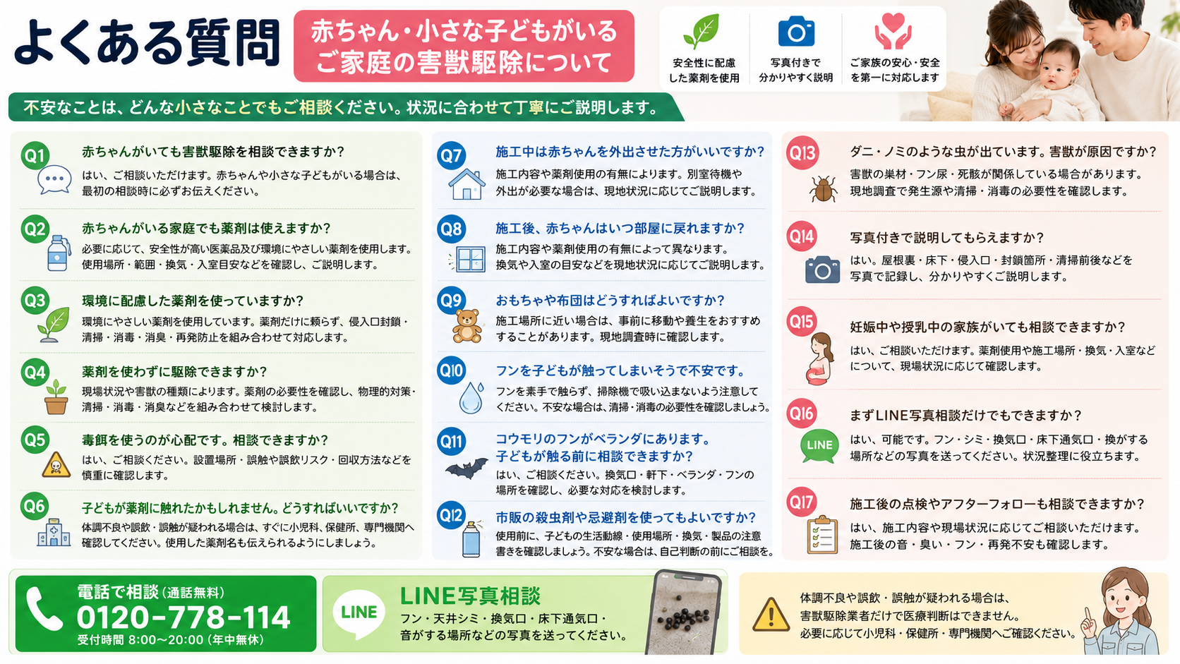 赤ちゃんや小さな子どもがいる家庭の害獣駆除で、薬剤使用・毒餌・フン尿清掃・施工後の入室目安・LINE写真相談を解説したFAQ画像