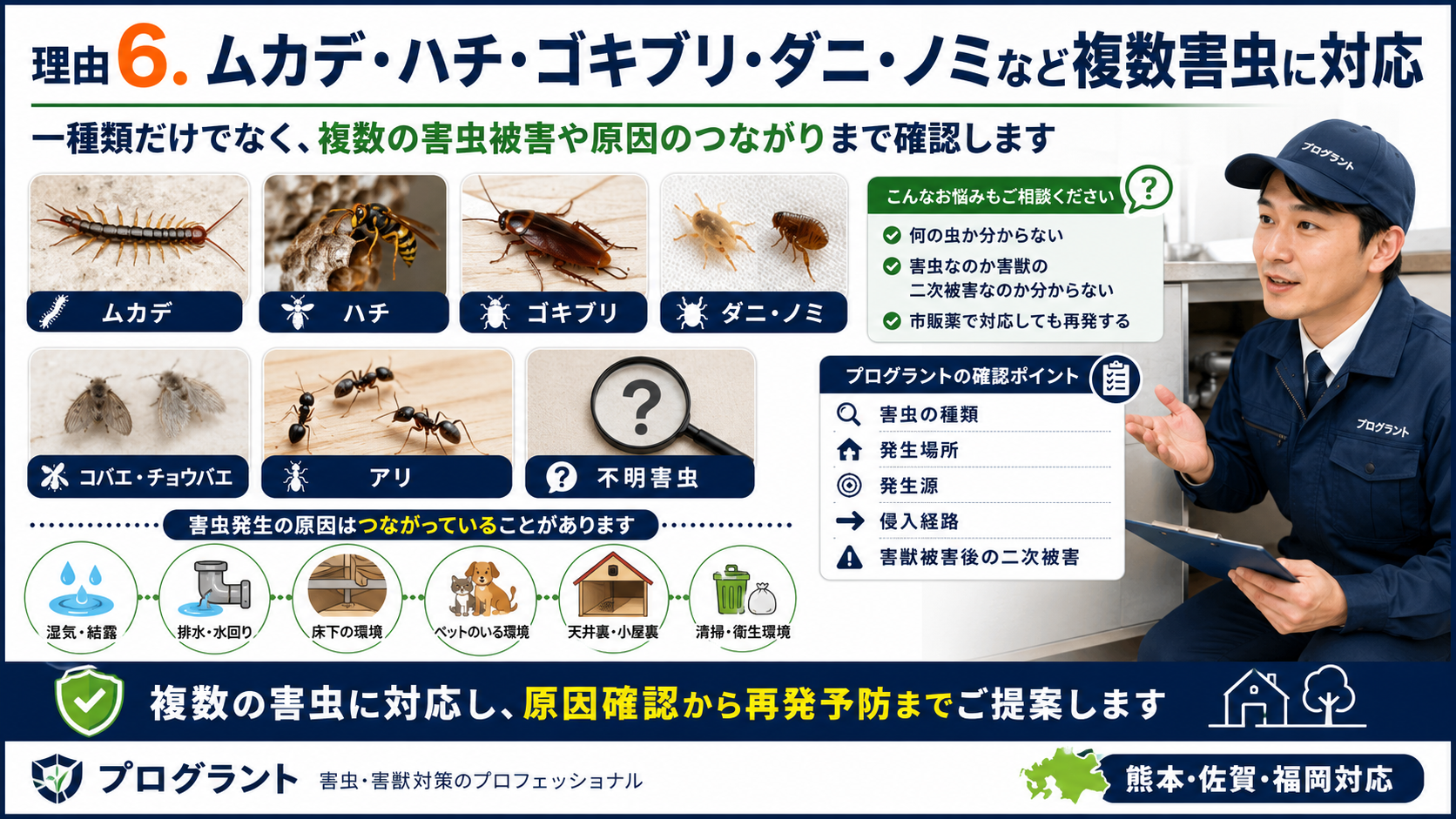 熊本・佐賀・福岡で害虫駆除を検討する方向けに、ムカデ・ハチ・ゴキブリ・ダニ・ノミ・不明害虫の相談と発生原因確認を案内する画像