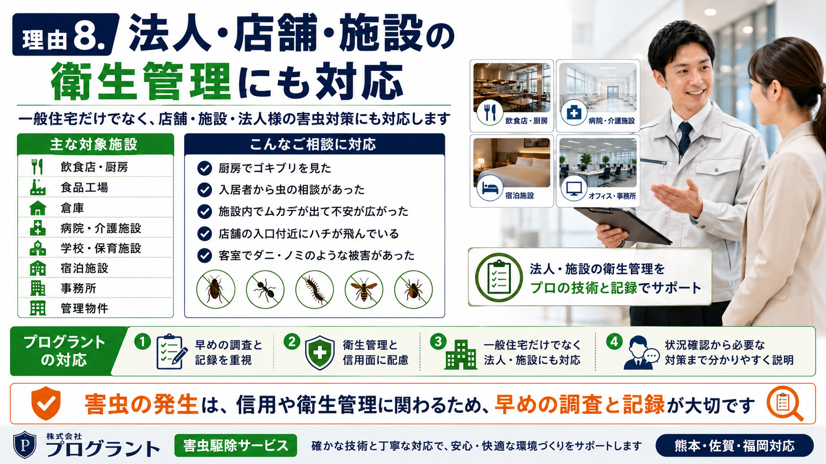 熊本・佐賀・福岡で法人施設の害虫駆除を検討する方向けに、飲食店・厨房・病院・介護施設・学校・宿泊施設・管理物件の衛生管理対策を案内する画像