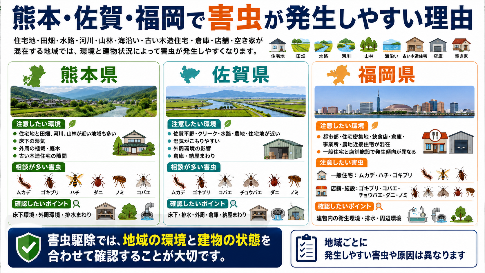 熊本・佐賀・福岡で害虫駆除を検討する方向けに、ムカデ・ゴキブリ・ハチ・ダニ・ノミ・コバエが発生しやすい地域環境と確認ポイントを解説した画像