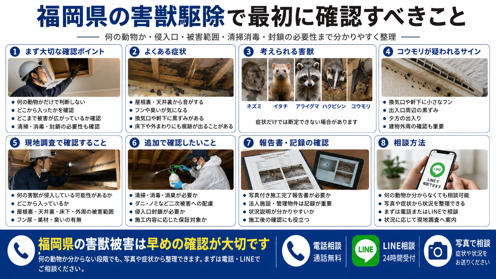 福岡県の害獣駆除で最初に確認すべき動物の種類、侵入口、被害範囲、屋根裏・天井裏・床下の症状、清掃消毒、侵入口封鎖、報告書、電話・LINE相談の流れをまとめた解説画像