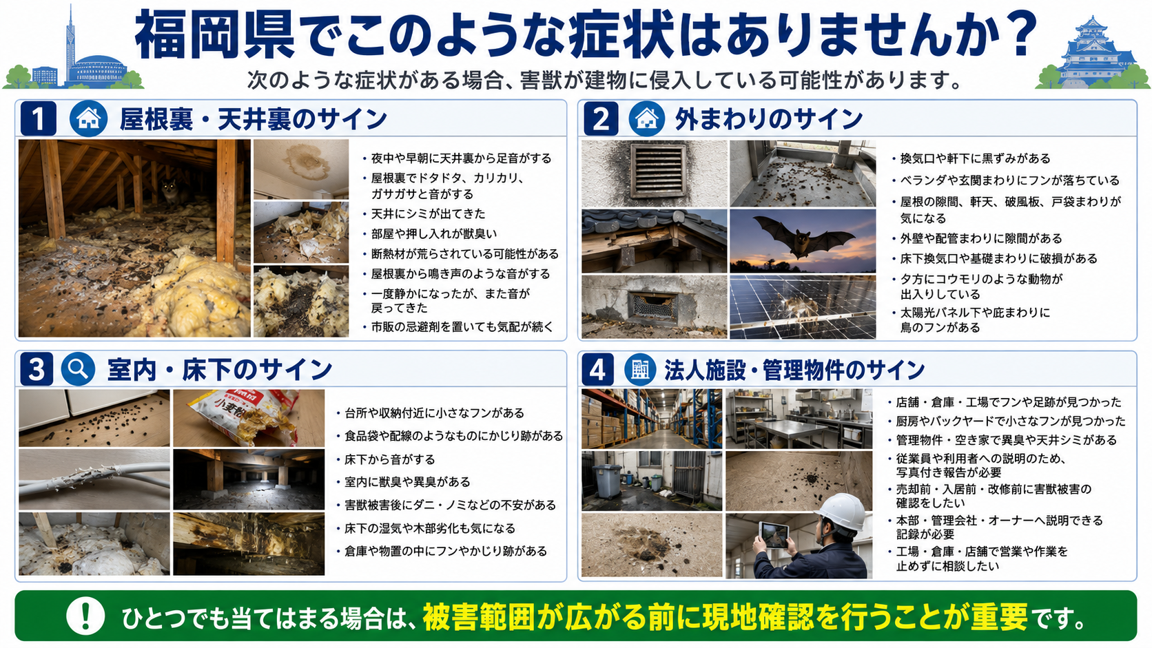 福岡県で屋根裏・天井裏、外まわり、室内・床下、法人施設に見られる害獣侵入のサインを写真付きで解説したチェック画像
