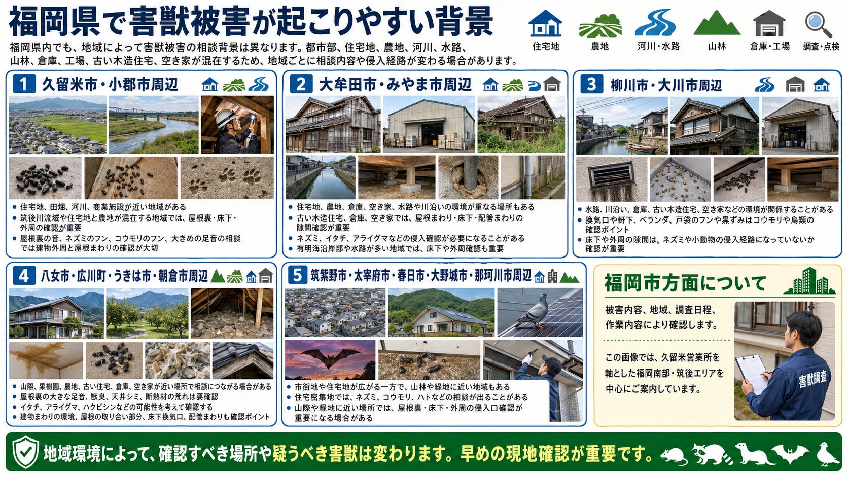 福岡県で害獣被害が起こりやすい背景を、地域別の特徴と侵入確認ポイントを写真付きで解説した画像