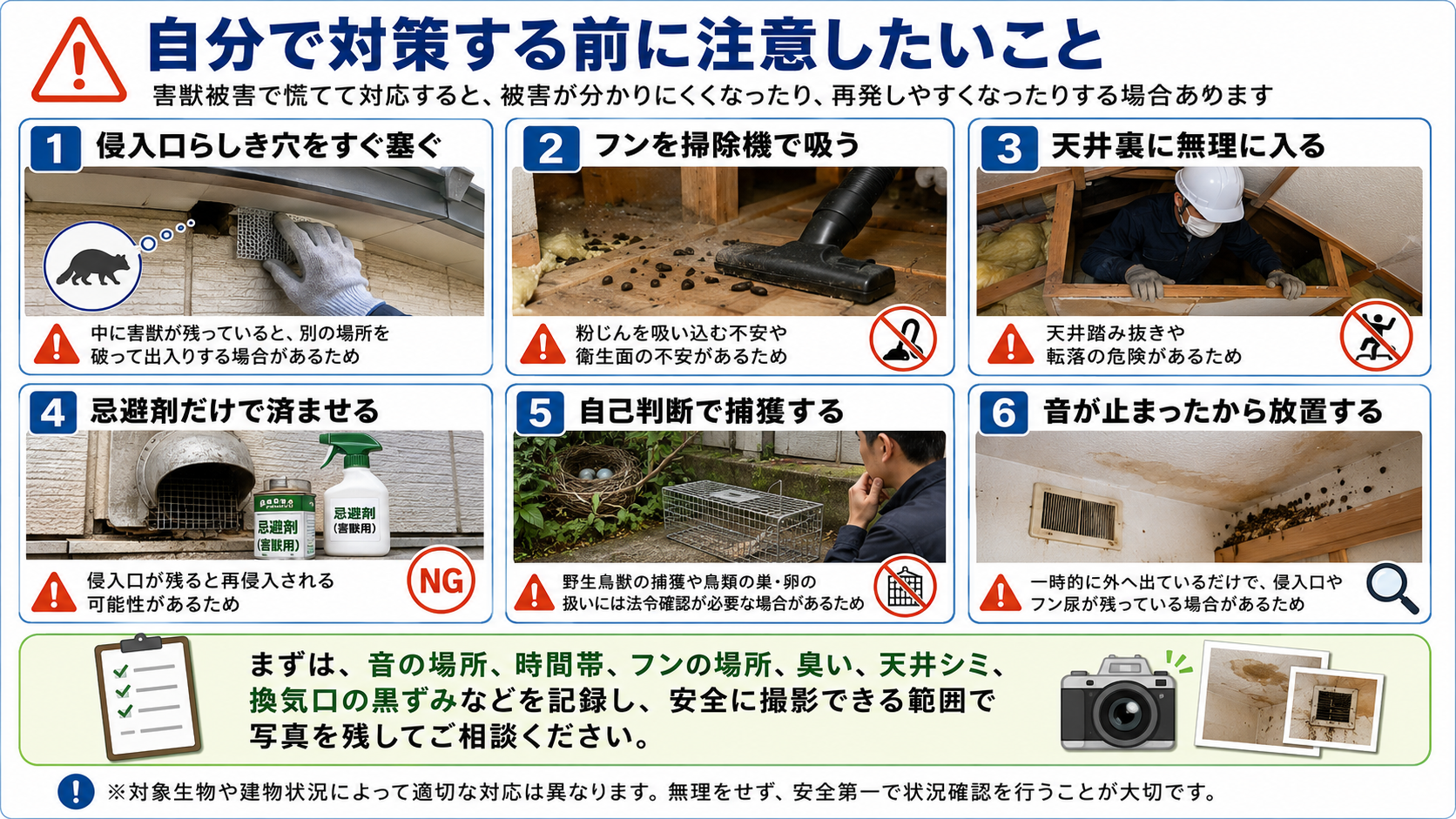 害獣被害で自分で対策する前に注意したい行動として、侵入口封鎖・フンの掃除機清掃・天井裏侵入・忌避剤のみの対策・自己判断の捕獲・放置のリスクを写真付きで解説した画像