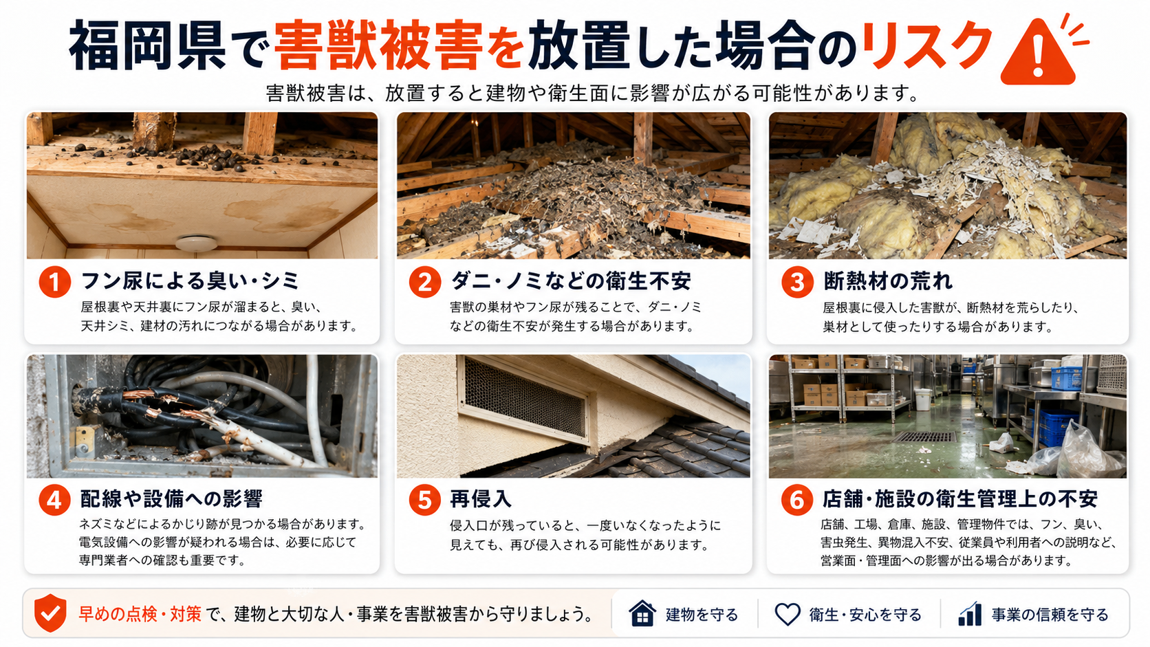 福岡県で害獣被害を放置した場合のリスクを、フン尿による臭い・シミ、衛生不安、断熱材の荒れ、配線被害、再侵入、店舗・施設の衛生管理上の不安に分けて解説した画像