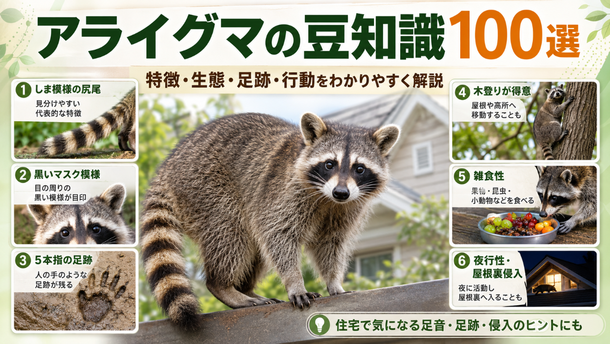 アライグマの豆知識100選|しま模様の尻尾・黒いマスク模様・5本指の足跡・木登り・雑食性・夜行性と屋根裏侵入を解説