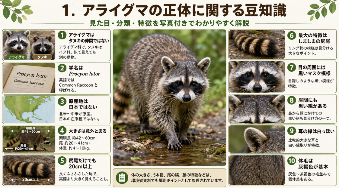 アライグマとタヌキの違い、学名、原産地、大きさ、しま模様の尻尾、黒いマスク模様、眉間の黒い線、白っぽい耳の縁、灰褐色の体毛などを紹介