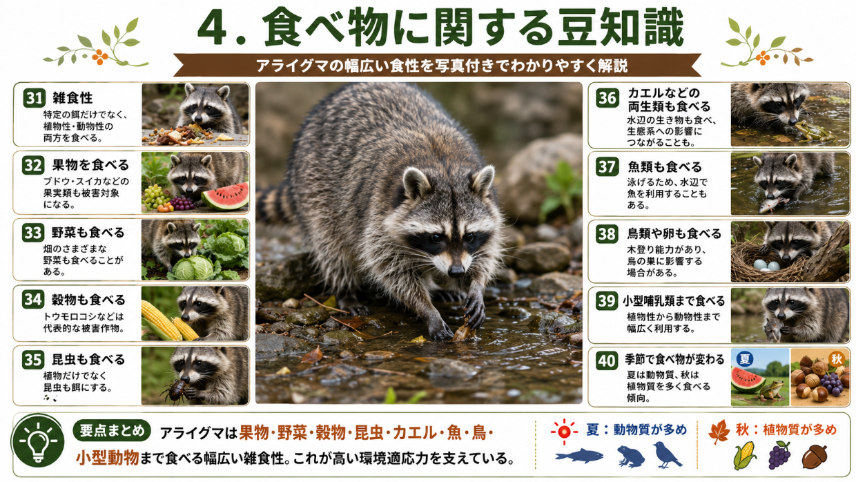 アライグマの食べ物に関する豆知識を写真付きで解説。果物・野菜・穀物・昆虫・カエル・魚・鳥類・卵・小型哺乳類まで食べる雑食性と季節による食性の変化