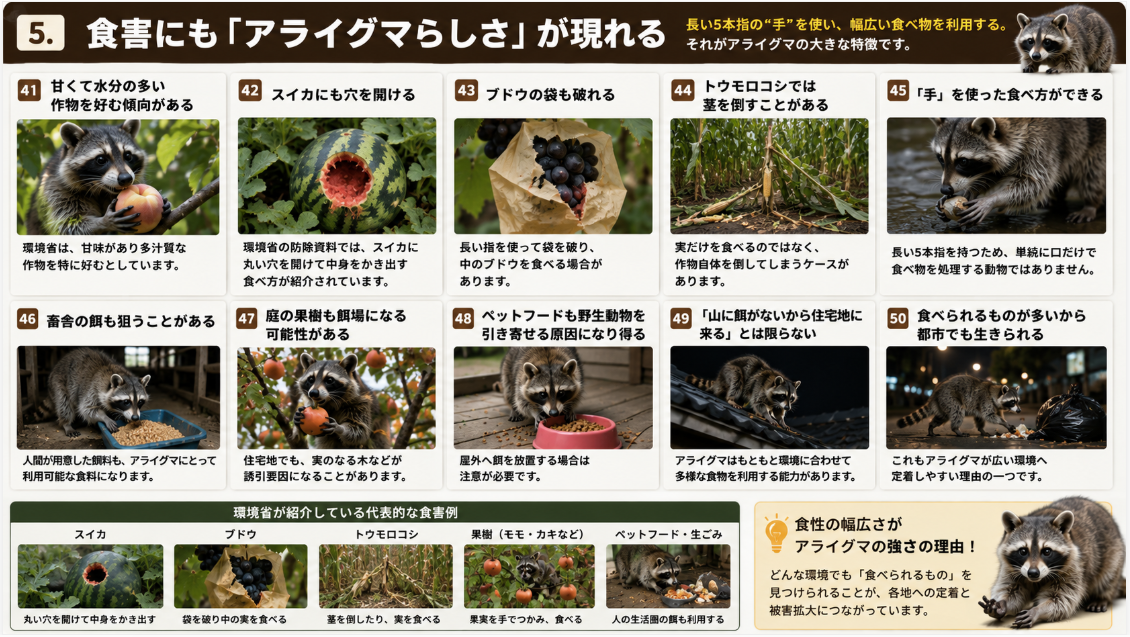 アライグマの食害の特徴を写真付きで解説。スイカやブドウ、トウモロコシ、果樹、畜舎の餌、ペットフードなどを利用し、長い5本指を使って食べる様子