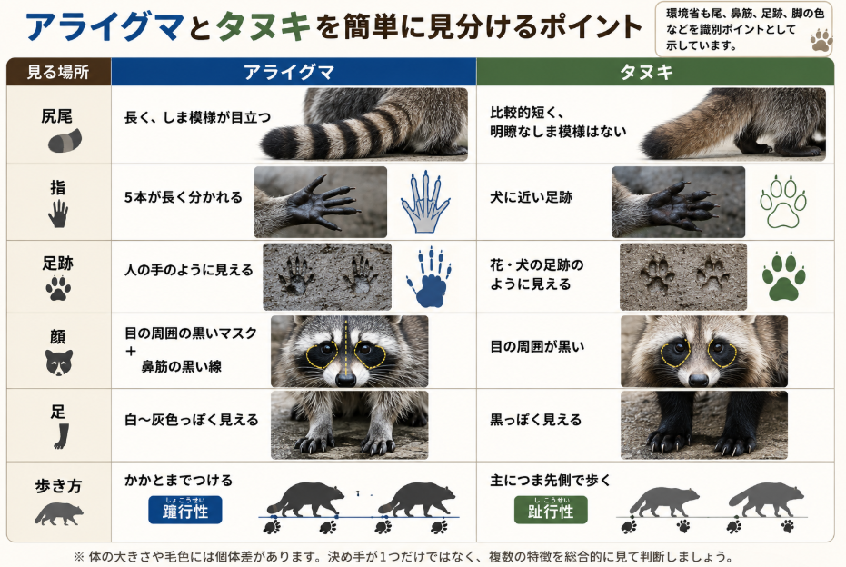 アライグマとタヌキの見分け方を比較。尻尾のしま模様、5本指、足跡、顔の黒い模様、脚の色、歩き方の違いを写真付きで解説