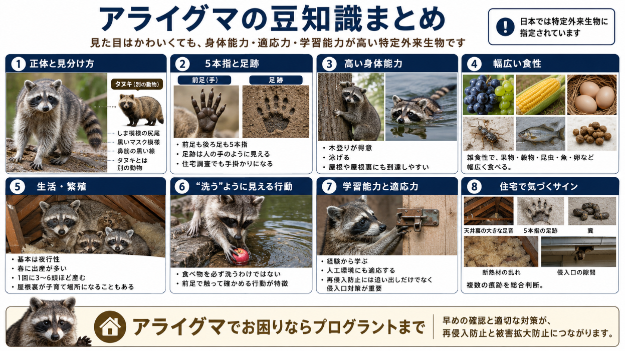 正体と見分け方、5本指と足跡、高い身体能力、幅広い食性、生活と繁殖、食べ物を洗うように見える行動、学習能力と適応力、住宅で気づくサインを解説し、最後にアライグマでお困りならプログラントまでと案内