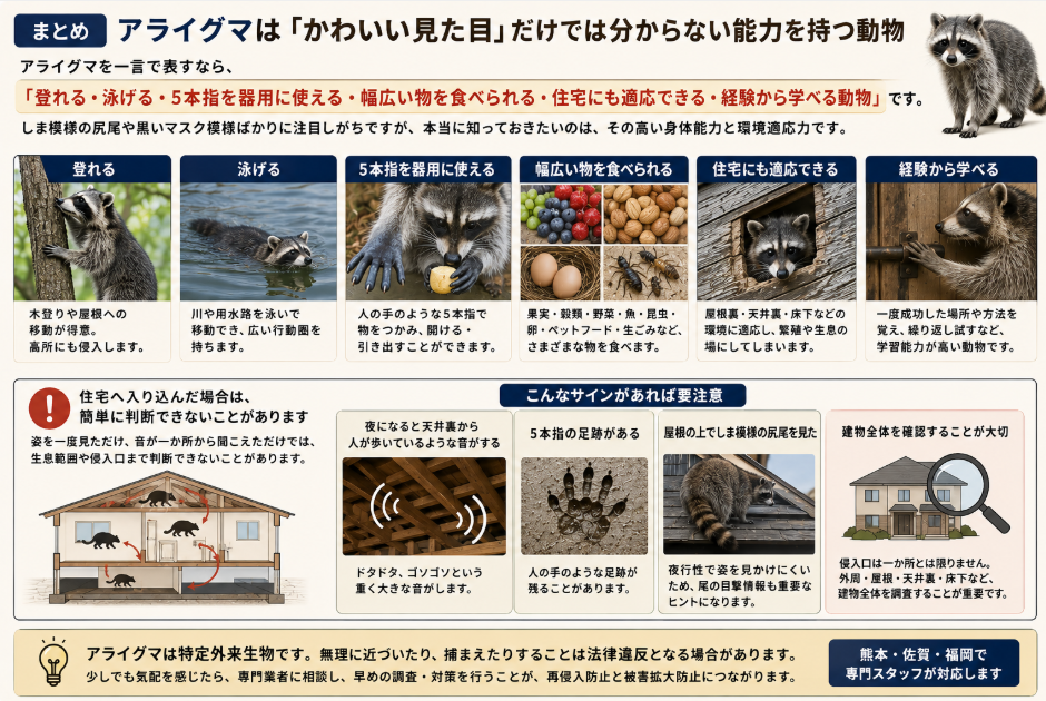 アライグマの身体能力と住宅侵入のサインを写真付きで解説。木登り、泳ぎ、5本指、幅広い食性、住宅への適応、学習能力、天井裏の足音や足跡などをまとめた