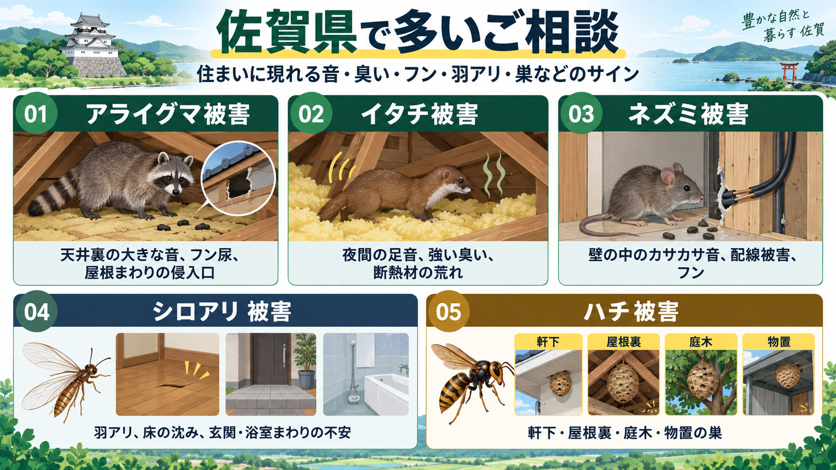 佐賀県で多いアライグマ・イタチ・ネズミ・シロアリ・ハチ被害の主な症状と発生場所