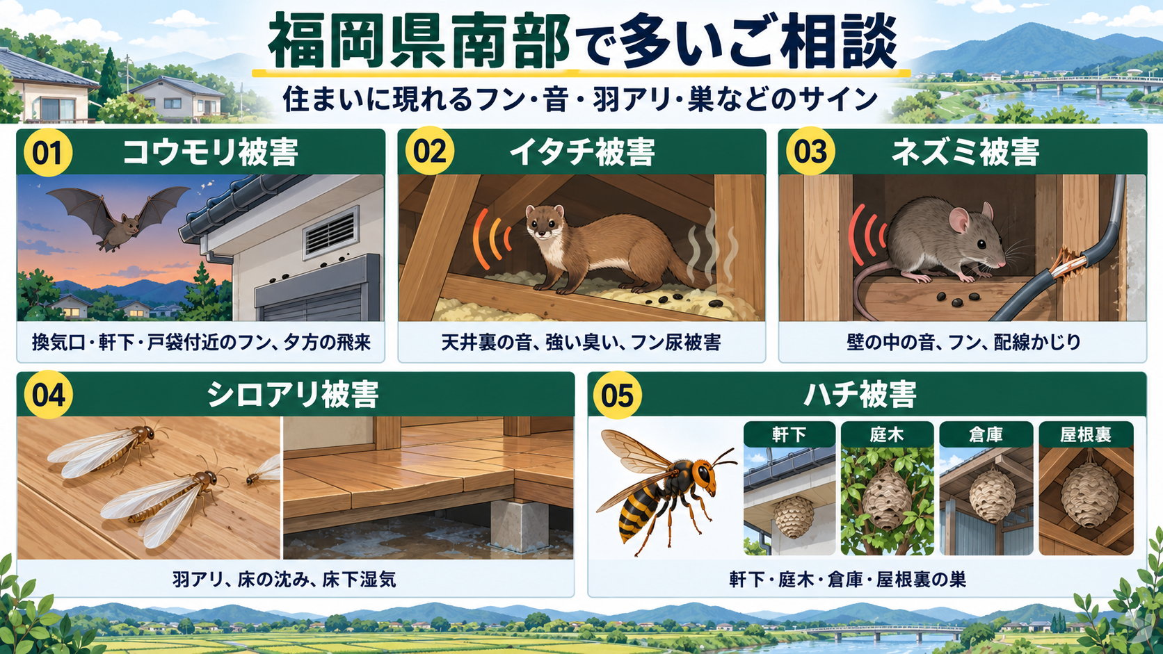 福岡県南部で多いコウモリ・イタチ・ネズミ・シロアリ・ハチ被害の主な症状と発生場所