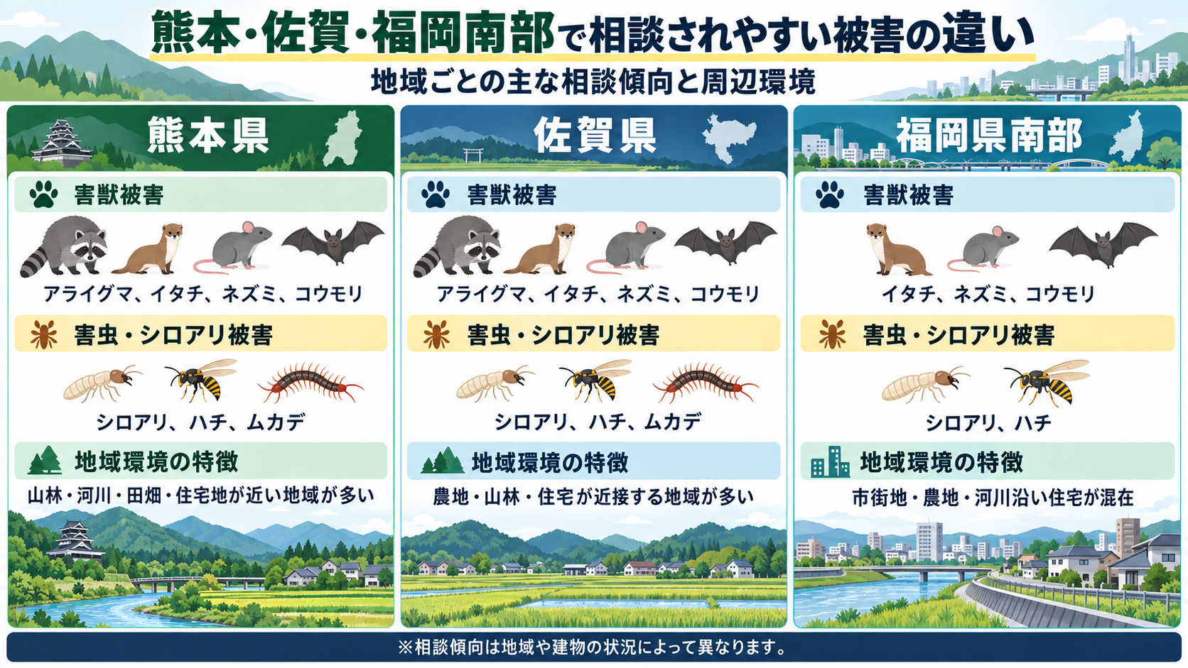 熊本県・佐賀県・福岡県南部で相談されやすい害獣、害虫・シロアリ被害と地域環境の特徴を比較