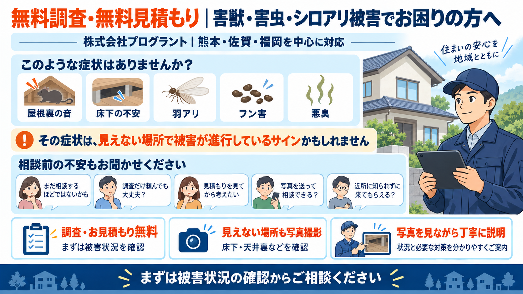 熊本・佐賀・福岡南部を中心に害獣・害虫・シロアリ被害の無料調査・無料見積りを行い、床下や天井裏を写真撮影して説明するプログラントの案内